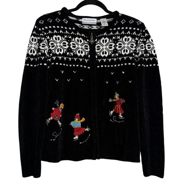 Alfred Dunner Fair Isle Ice Skaters Christmas Chenille Cardigan Black Large P